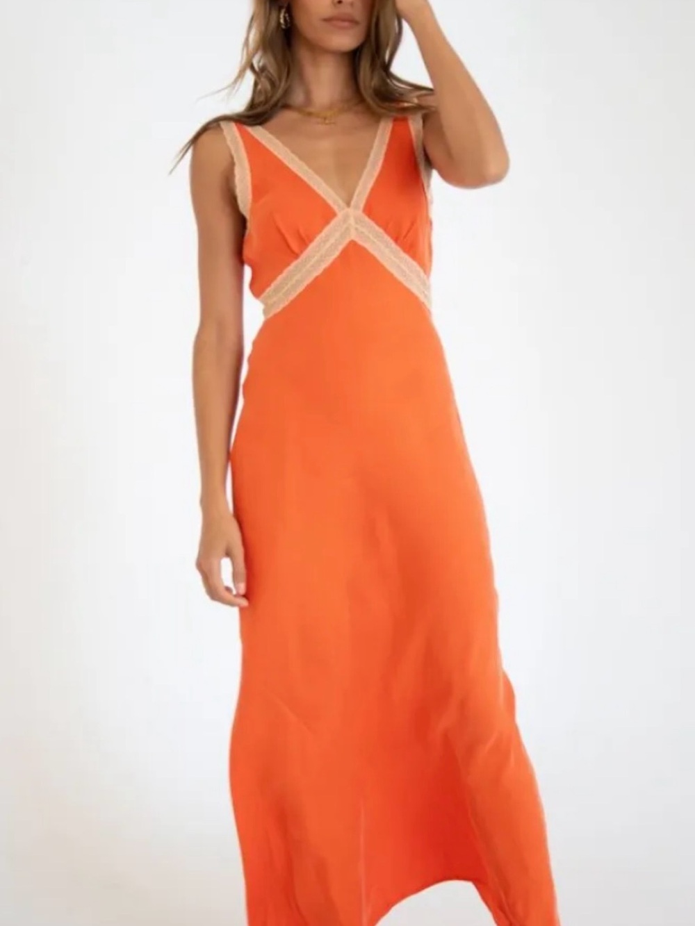 Orange Maxi Slip Dress with Lace Trim
